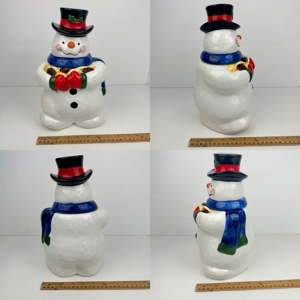 Vtg 90s Snowman Holding‎ Cookies Cookie Jar w Lid Storage Orig Box Crazing READ